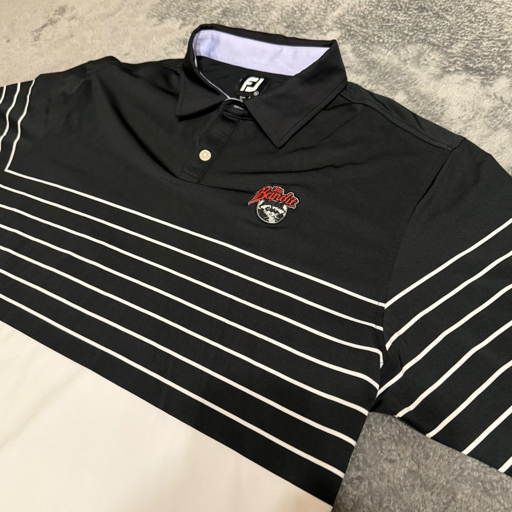 FootJoy FJ Mens Golf‎ Polo Shirt Black White Stripe Embroidered Patch XL